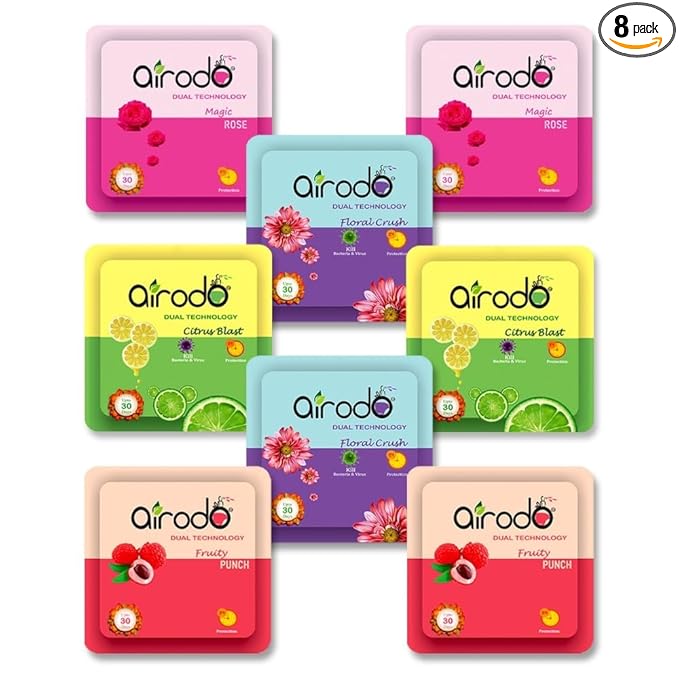 AIRODO Air Freshener Power Pocket Gel For Bathroom and Toilet, Fragrance Booster, Lasts Upto 30 Days Assorted Mix Scents Pack of 8 Refill (8 x 10 g)