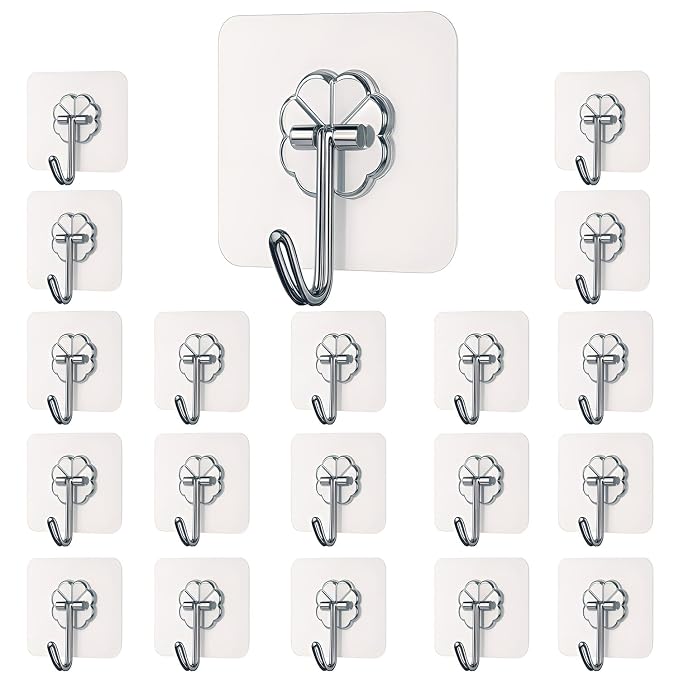 DALUCI Self Adhesive Wall Hooks - 20 Pcs Heavy Duty Wall Hooks for Hanging | Nail Free Sticky Hooks for Wall Heavy Items Without Drilling, Transparent Wall Hanger Hook (Flower Hook, 20)