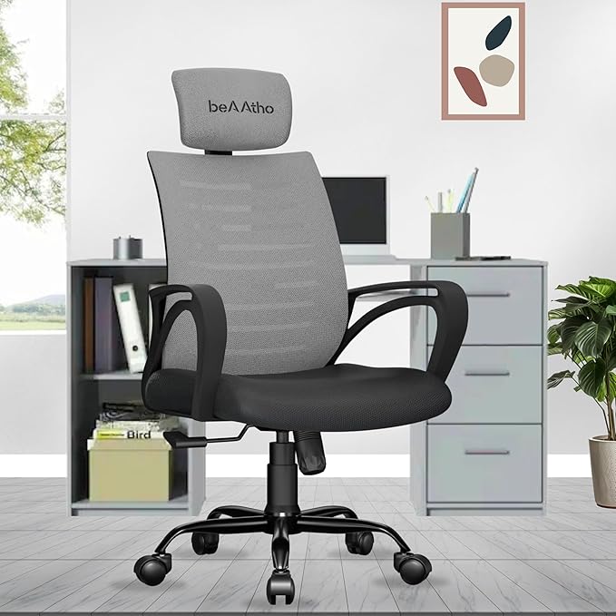 beAAtho® Verona Mesh High Back Ergonomic Home Office Chair | 3-Years Limited Warranty by beAAtho, Tilting & Height Adjustable Mechanism, Heavy Duty Metal Base | Ideal for Office Work & Study (Grey)