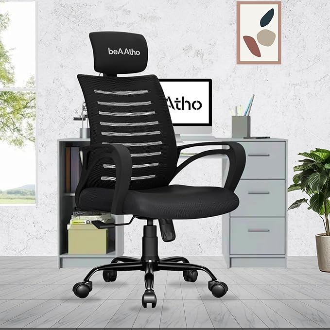beAAtho® Verona Mesh High Back Ergonomic Home Office Chair | 3-Years Limited Warranty Included | Tilting & Height Adjustable Mechanism, Heavy Duty Metal Base | Ideal for Office Work & Study (Black)