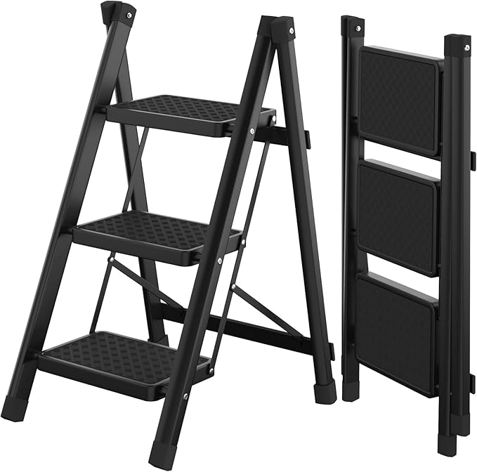 FWQPRA 3 Step Ladder | Folding Step Stool for Adults | Lightweight Step Ladder | Portable Ladders for Home, Kitchen, Library, Office | Small Step Stools with Anti-Slip Wide Pedals (Black) Carbon Steel