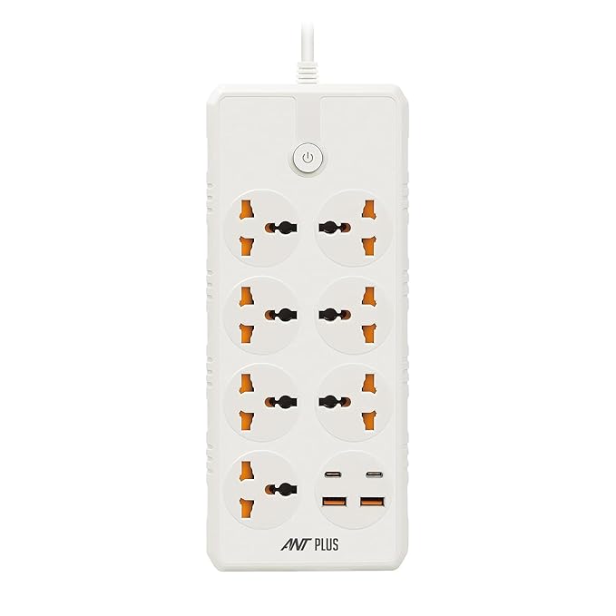 Ant Plus AP_PS722 Power Strips with 7 Universal Socket and 2USB-A & 2Type-C, 3-Meter Cord, 2500-Watt,Fireproof Material, Heavy Duty Cable Overload Protection,Extension for Home/Office Appliances - White