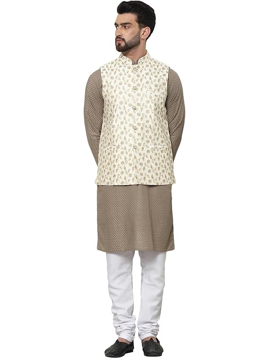 SOJANYA (Since 1958 Men's Pure Cotton Kurta and White Pyjama with Embroidered Nehru Jacket