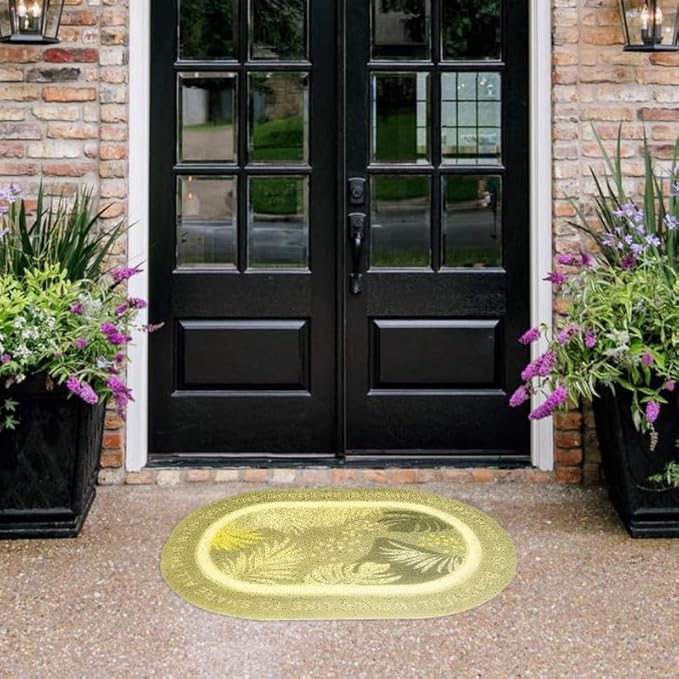 Cortina PVC Coil Anti-Slip Door Mat Waterproof Dust-Removing Floor Mat, Heavy Duty Easy to Clean Super Absorbent Doormat for Home Entrance Mat Hallway Living Room Rugs - Olive, Oval, 40X60 CM