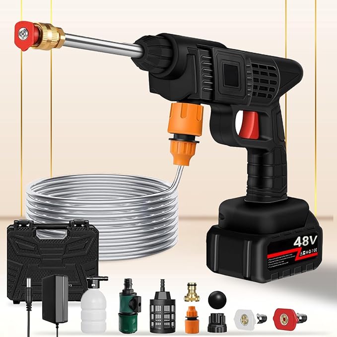 Inferno High Pressure Car Washer Gun with 48 V rechargeable Battery | Portable & Cordless Washing Gun for Vehicles with 3 Washing Modes | Battery Operated Pump with 5M hose pipe and 500 ML Foam Cannon