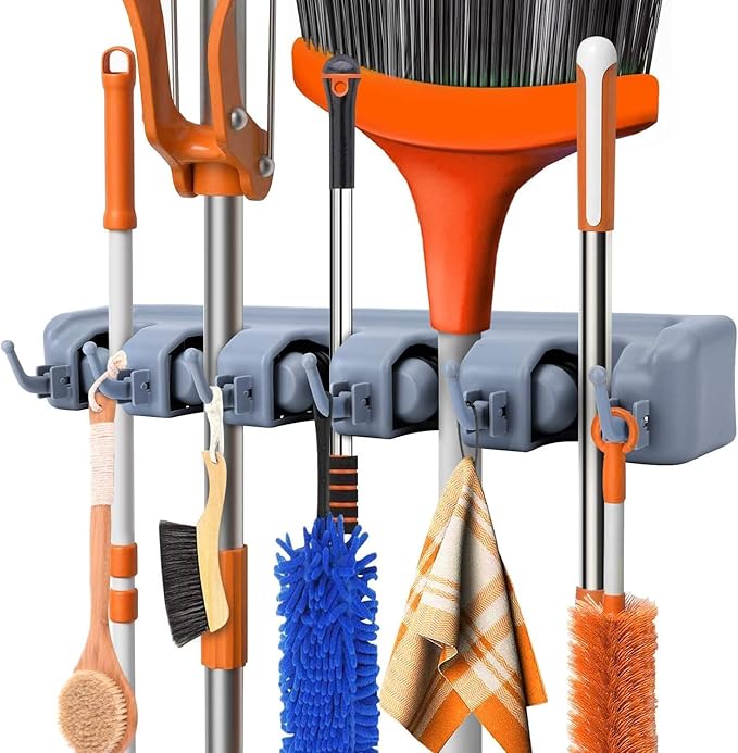 Chillyfit polypropylene broom holder wall mounted, jhadu mop and stick holder wall mount hanger stand storage organizer, broomstick, brooms, mops organizers for home, bathroom (5 Slot 6 Hooks)- Gray