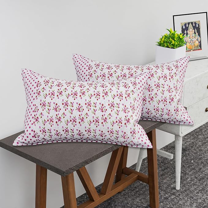 Urbane Home (Set of 2) Pillow Cover | Premium Cotton Pillow Cover | Cushion Pillow Cover Set | Pillow Cover for Bedroom | Pillow Cover for Living Room | Dot Pink Flower | White