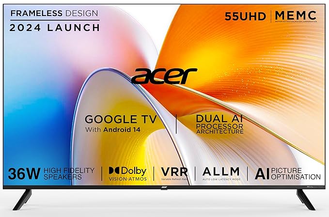 Acer 139 cm (55 inches) I Pro Series 4K Ultra HD LED Smart Google TV AR55UDIGU2875AT (Black)