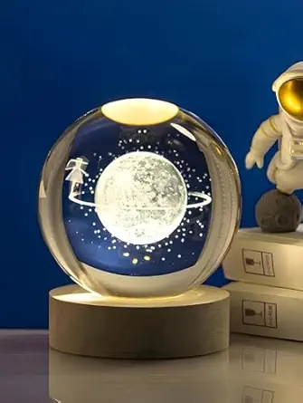 [Apply Coupon] - Desidiya Big Moon Fairy 3D Crystal Ball Night Light with Wooden Base - LED USB Table Lamp for Kids, Teens, and Home Decor