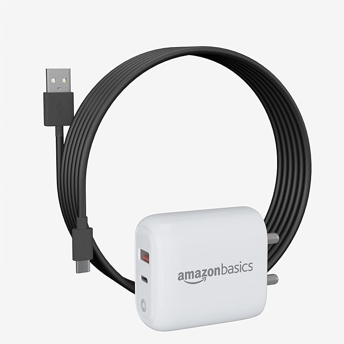 Amazon Basics 38W Dual Port Charger + Active Type A to Type C Cable | Fast Charging 20W+ 18W/Type A +C Adapter (White) with Fast Charging Cable Included | Compatible with Samsung, Oppo, Redmi Phones