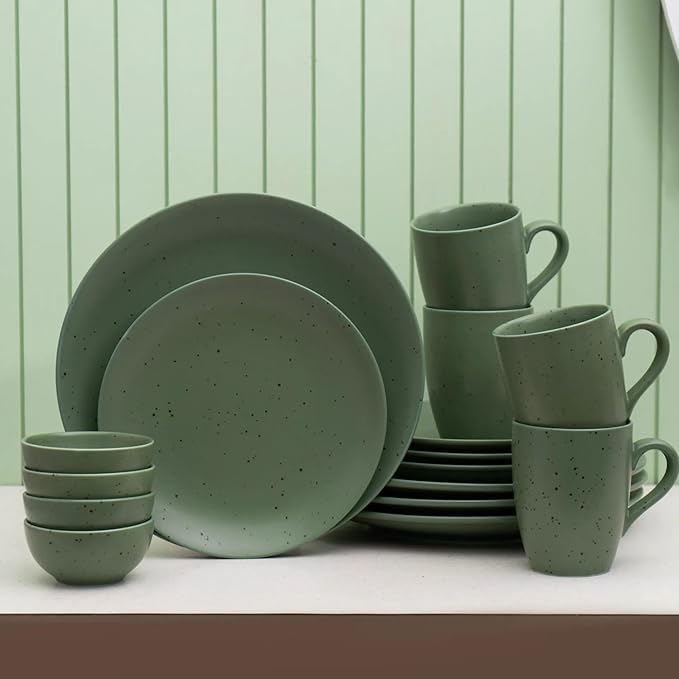 JCPL Fine Porcelain Grains Dinner Set, for Family of 4, Ceramic Crockery Set, Dinner Plates, Kitchen Set for Home, Dining Set for Dinner, Microwave & Dishwasher Safe Plates (Green, 16 Pieces)