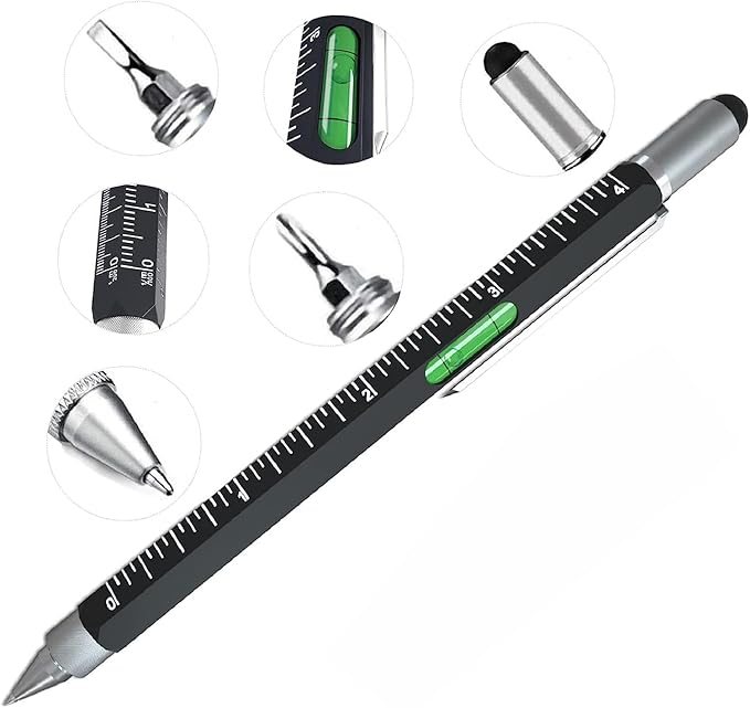 PRSVIKE Aluminum Unique 6 In 1 Pen Multitool With Ballpoint, Ruler, Screwdriver, Flat Head, Touch-Screen Stylus Pen Mini Multifunction Pen All-In-One Tech-Tool Pen With Refills (Black, Pack Of 1)