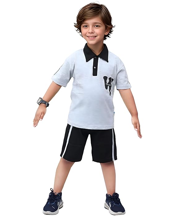 Toonyport Boys Half Sleeve Printed Polo T-Shirt and Shorts (Grey)