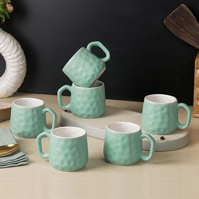The Earth Store Minty Pebble Ceramic Tea Cups Set of 6, 160 ML | Microwave and Dishwasher Safe Cup Set for Coffee | Ideal for Friends, Anniversary, Birthday, Daily Use