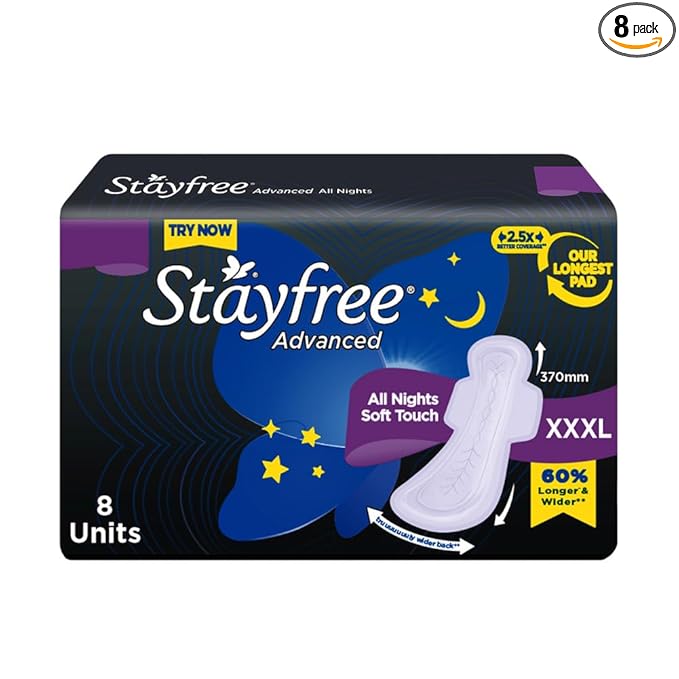 Stayfree Advanced XXL+ Thin Sanitary Pads for Women | 8 Soft Cotton Pads for All Night Ultra Comfort | Absorbs 2x More with Wider Back | Prevent Rashes | Odour Control