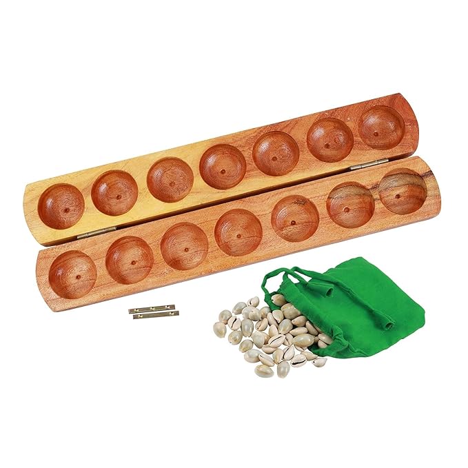 Vamana Guntalu/Pallanghuzi/Mancala Wooden Board Game with Sea Shells, Storage Bag (Folding with Diece)