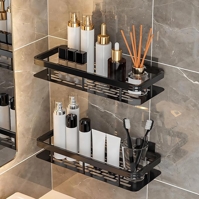 MIORAH Bathroom Accessories with Hooks | Self Adhesive Bathroom Shelf for Wall | Washroom Organiser Made of Strong Quality Metal (Black-Pack of 2)