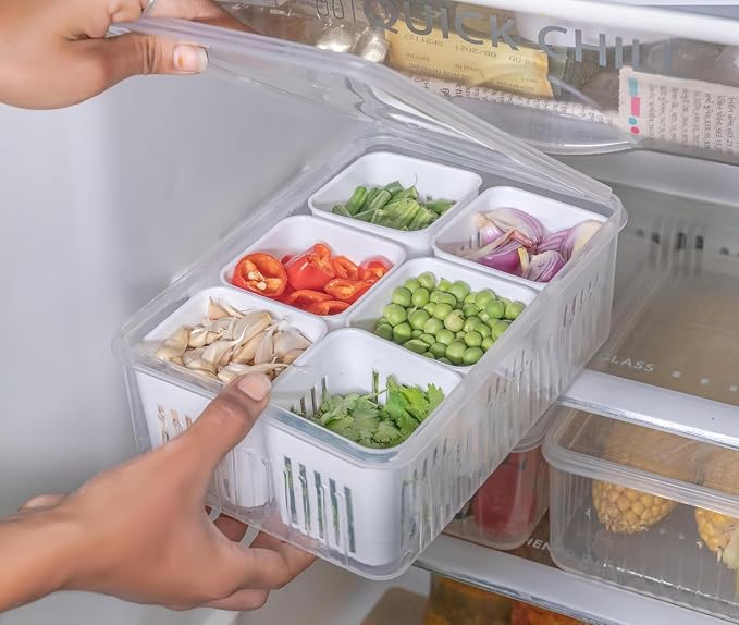 MARKWELL Fridge Storage Boxes Freezer Storage Containers, Container for Kitchen Storage Set, Storage in Kitchen, Vegetable Storage, Draining Crisper Refrigerator Food Box (Pack of 1)