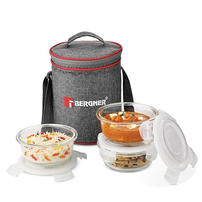 BERGNER Fresh Lunch Premium 3 Pcs Lunch Box Set - Microwave Safe and Leak Proof 3 Glass Containers (400ml Each) with BPA Free Lids, Fabric Bag with Shoulder Strap, Dishwasher Safe - Transparent/Grey