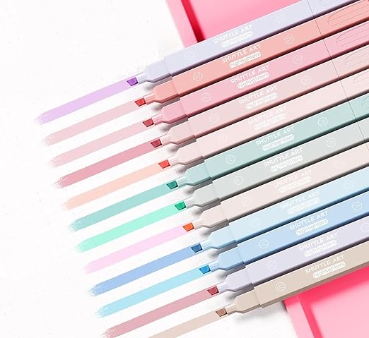 Shuttle Art 12Pcs Aesthetic Cute Highlighters Bible Pastel Highlighters and Pens no bleed Highlighters for School Supplies and Office Journal DIY Home (Two Side Highlighters Pen)