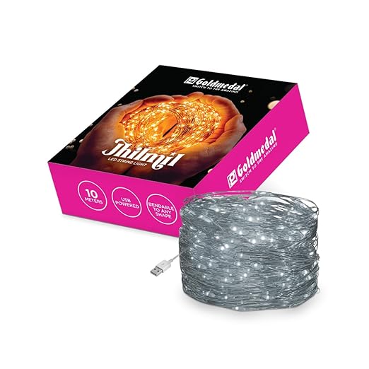 Goldmedal Jhilmil 5V 10 Meter Led String Light | Fairy Lights | USB Powered | Decorative Lights for Home Diwali,Christmas,Wedding,Party|100 LEDs Bulb|Bendable to Any Shape|Cool Daylight(6500K)