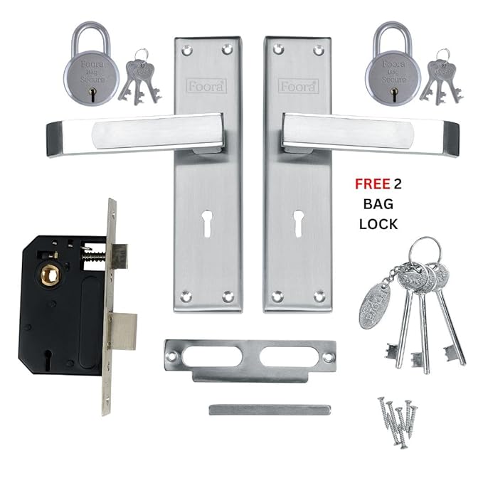 Foora Luxury Mortise Lock Set - 6 Lever Mechanism, High-Security, SS Matt Finish, Brass Latchbolt with Reversible Latch, Steel Handle, Suitable for Left & Right-Handed Doors, Includes 3 Keys (2401)