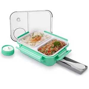 ATTRO Smart 2 Compartment Lunch Box with Small Container Spoon & Fork Included Snap Lock Design Leak-Proof BPA Free Food Grade- 750ml Mint Green
