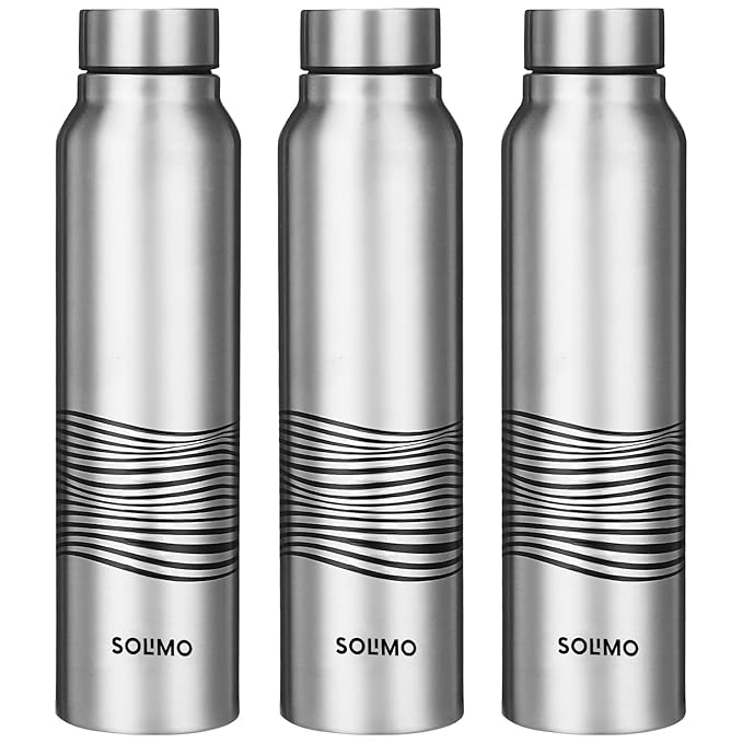 Amazon Brand - Solimo Stainless Steel Bottles (Set of 3) | 970ml Each | 100% Food-Grade | BPA-Free Cap | | Leak & Spill Proof | Ergonomic Grip | For Home & Office Use (Stainless Steel Finish)