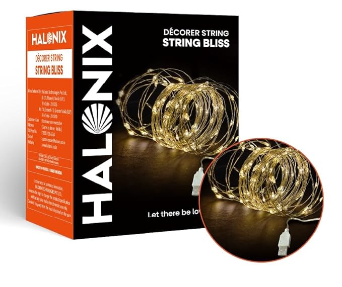 Halonix Bliss Rice Light | Decorative Light | Fairy Light | USB Powered | String Light | Diwali Light | Warm White| Pack 1 |Diwali Lights for Decoration for Home-Plastic,Corded Electric