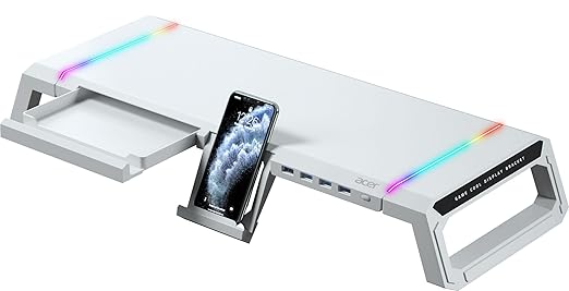 acer Ergo Multifunction Monitor & Laptop Stand Featuring RGB Lighting and a 4-Port USB Hub with Aluminum Multi Keyboard Storage Space Bar, Suitable for Both Office and Home Environments (White)