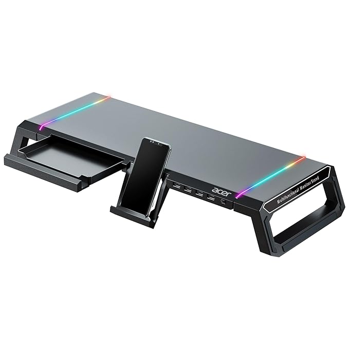 Acer Ergo Multifunction Monitor & Laptop Stand Featuring RGB Lighting and a 4-Port USB Hub with Aluminum Multi Keyboard Storage Space Bar, Suitable for Both Office and Home Environments (Black)
