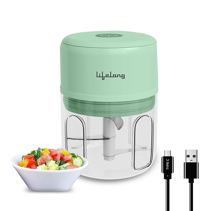 Lifelong USB Rechargeable Wireless Electric Chopper for Kitchen 30 Watts with Stainless Steel Blades for Onion, Garlic, Vegetables, Nuts - 250 ml (Green)