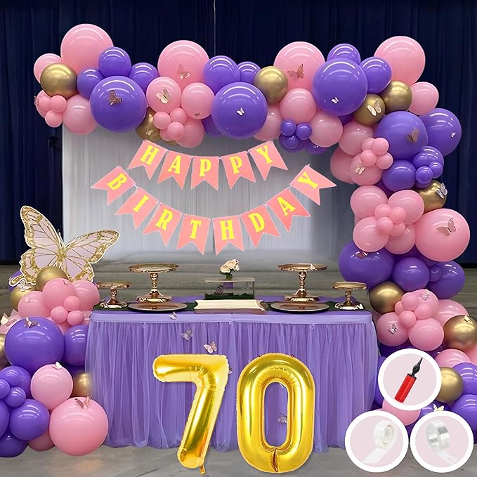 [Size: 70th Birthday] - Mystic Toy Store 70th Birthday Decoration Items for Pink and Purple Theme Combination for Girls Princes | 50 Pcs Pink Purple Gold Balloon | Pink Birthday Banner | Balloon Pump | Arch Tape | Glue Dots