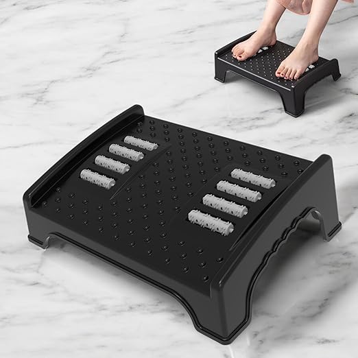 Techhark® Ergonomic Under Desk Foot Rest with Massage Rollers, 40 x 29 x 12.3 cm, Anti-Slip Design, Black, Plastic