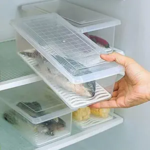 VIDHYADEVAM Fridge Storage Boxes Fridge Organizer with Removable Drain Plate & Lid,Stackable Portable Freezer Storage Containers Tray To Keep Fresh for Fish,Meat,Vegetables,Fruit (1500 ML, Pack of 1)