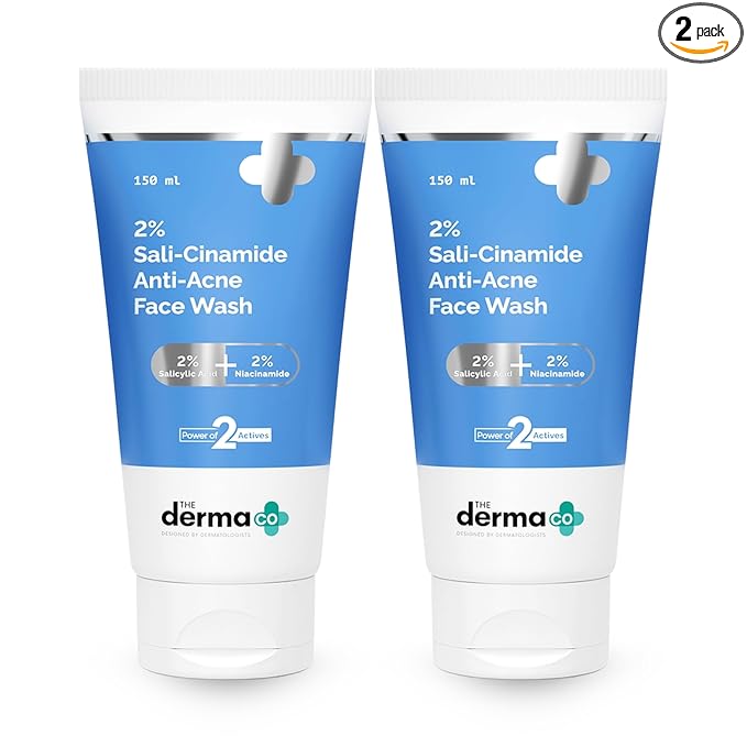 The Derma Co 2% Sali-Cinamide Anti-Acne Face Wash | With 2% Salicylic Acid & 2% Niacinamide | Treats Active Acne & Fades Marks I For Oily & Combination Skin | Power of 2 Actives | For Men & Women | 150 ml x 2