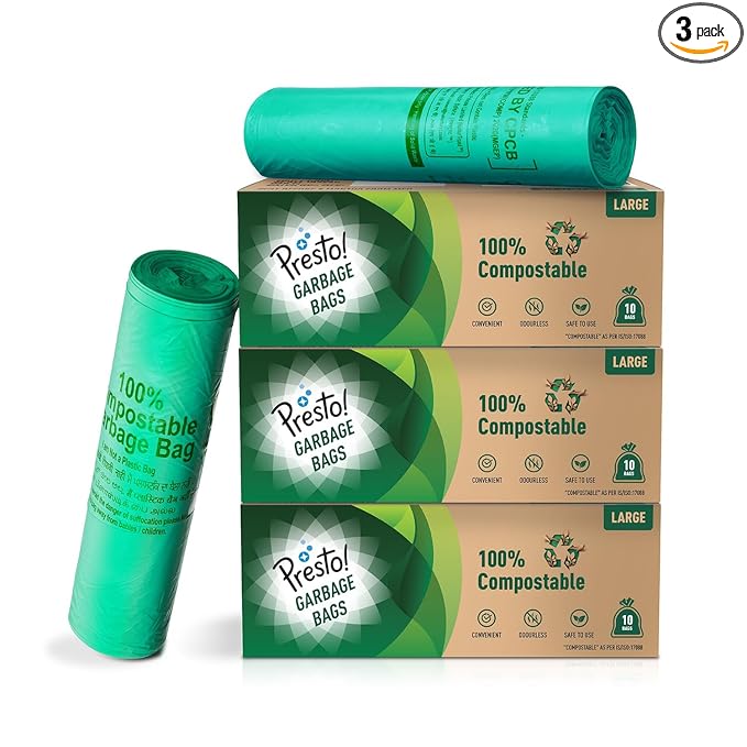 Presto! Amazon Brand - 100% Compostable Garbage Bags | Large (L) | 30 Counts | 10 Bags X 3 Packs | 24 x 32 Inches | Strong and Durable | For Dry and Wet Waste, Green
