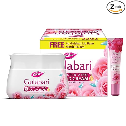 Dabur Gulabari Moisturizing Cold Cream 100gm + Lip Balm 8gm (Free) | With Goodness of Natural Rose Oil & Vitamin E | Intense Hydration and Deep Moisturization | For Smooth & Soft skin | All Skin types