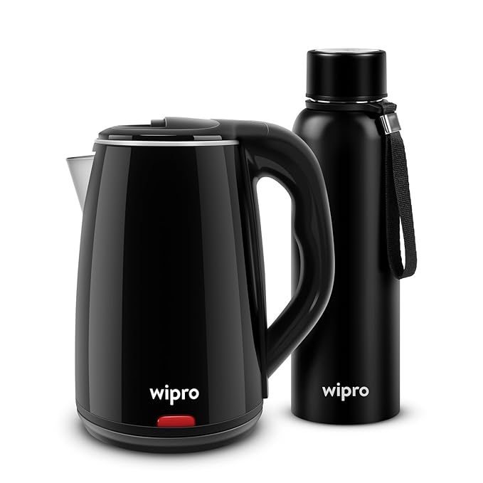 Wipro Elato Cool touch kettle and Vacuum Flask Combo | 1.8 liter cool touch electric Kettle | 24Hrs Hot and Cold Vacuum Flask, 1500 Watts, Black, Stainless Steel