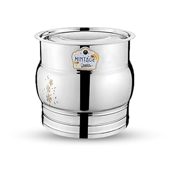 Mintage Apply Pawali 8 LTR Capacity | Laser Kunda Pawale Stainless Steel with Lid | Storage Pawali Set Atta Drun 8 Kg | Home & Kitchen Atta Box for Kitchen | Kothi with Lid Water Grocery Containers