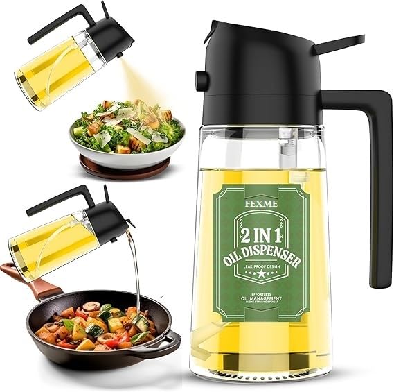 Oil Dispenser for Kitchen 2-in-1 Oil Sprayer Bottle for Cooking 500ml with Spray & Pour | Premium Glass Bottle for Air Fryer, BBQ & Salad | Multicolour