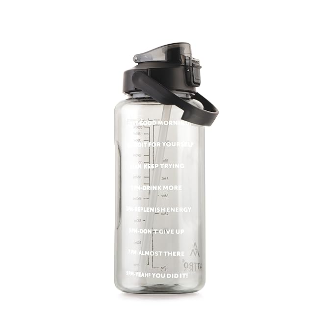 ATTRO Smasher 2 Liter Quotes & Time Marker Sports Bottle With Easy to Carry Handle & Straw BPA Free, Leak Proof for Gym, Office, Workout- Black, Plastic