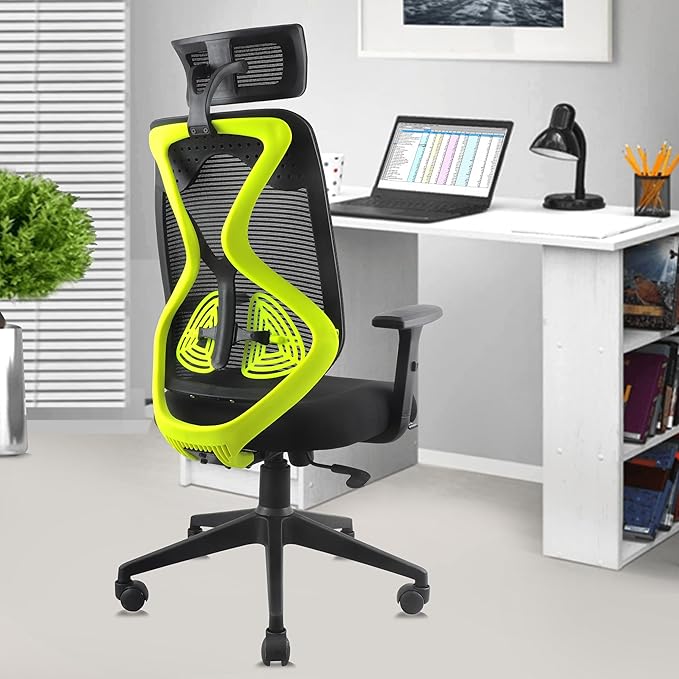 ASTRIDE Ergofit Ergonomic Office Chair for Home | 3-Years Warranty | 2D Headrest, Adjustable Arms & Lumbar Support | Tilt Lock Mechanism [Heavy Duty Nylon Base, Neon Green-Black]
