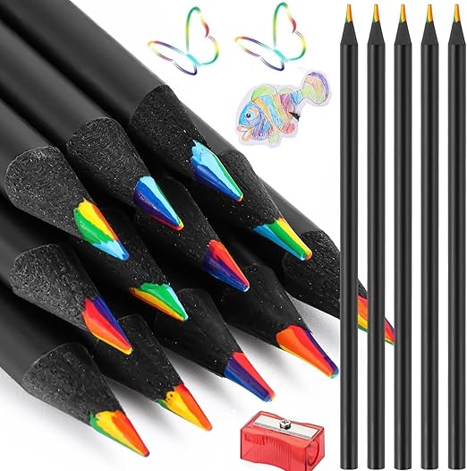 12 Colors Rainbow Pencils for Kids Adults, Rainbow Colored Pencil Art Supplies for Girls Boys, Black Wood Multi Colored Pencils for Coloring Drawing Sketching, Pre-sharpened with Free Sharpener