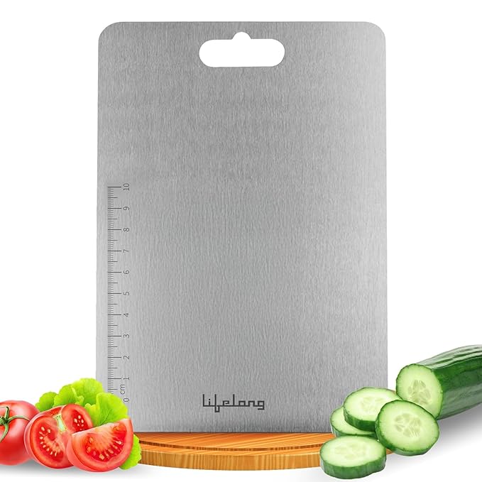Lifelong Stainless Steel Chopping Board for Kitchen with Anti-Skid 6 Stickers | Durable Cutting Board for Vegetables, Fruits, and Meats | Versatile Metal Chopper Board (31.8CM X 21CM)