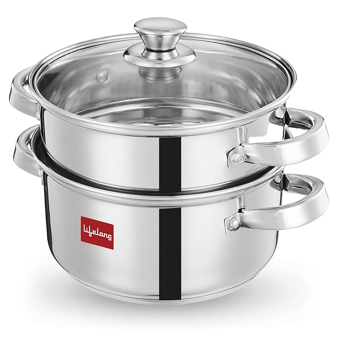 Lifelong 2-Tier Steamer/Momo/Modak Maker | Induction Compitable with Glass Lid & Riveted Handles | 20 cm Stainless Steel Multi-Purpose Cooking Steamer (LLMOM01)