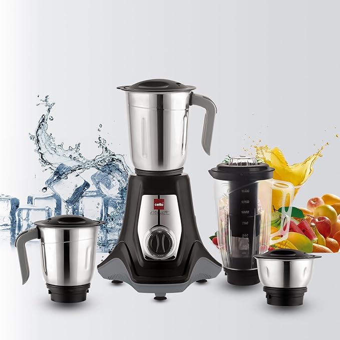 Cello Hercules Mixer Grinder 750 Watt Black | 3 Stainless Steel Jars & 1 Juicer Jar | For Chutney, Juice and Shakes | For Grinding Wet & Dry Ingredients | Overload Protection | 2 Years Warranty