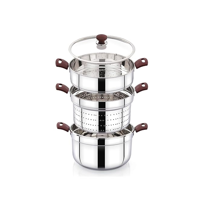 Praylady Triply Base Multi Purpose Cookpot 22 cm | 4.0 L | Triply S.S. | Glass Lid | Steamer & Strainer | Idli Plates | Dhokla | Momos | Pasta | Biryani | Heat-Resistant Handles | Induction & Gas