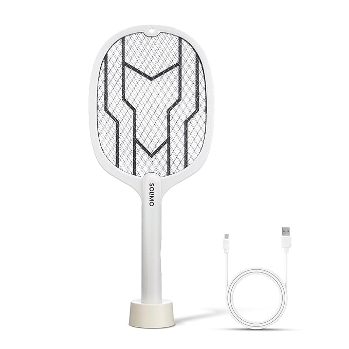 Amazon Brand - Solimo Anti Mosquito Racquet with Base Stand | Rechargeable Electric Fly Swatter | Handheld Bug Zapper Bat | 1200 mAH Li-ion Battery | USB Charging, White Grey