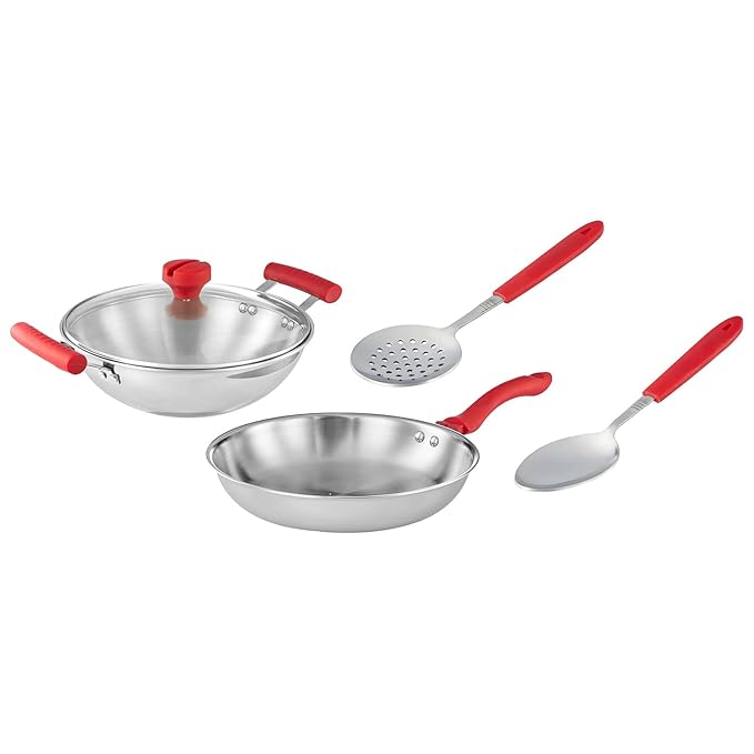 Amazon Brand - Solimo 4pcs Triply Cookware Set (Kadhai with Glass lid, Fry pan, Slotted Spoon, Serving Spoon)